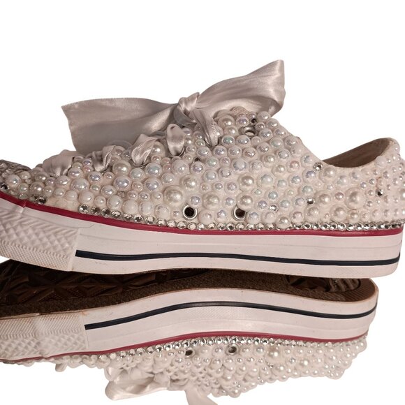 Converse All Star Bridal/Prom Pearls Rhinestones & Ribbons Sneakers Size 9.5 - Picture 11 of 12